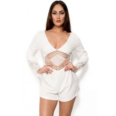 'Anahi' white lace playsuit with long sleeves